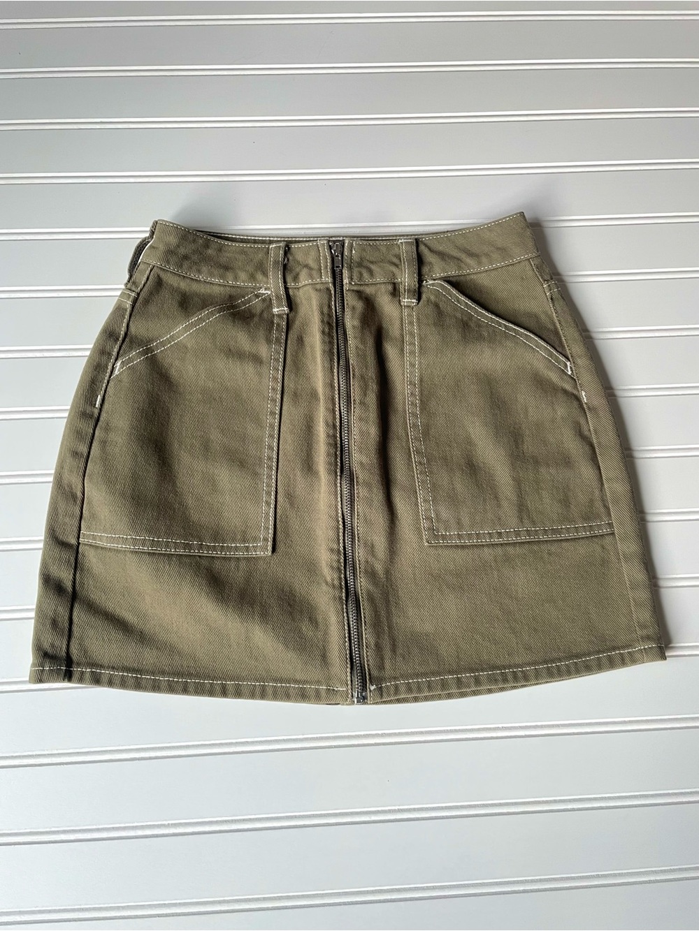 PacSun Front-Zip Mini Skirt Sz 24 Military Green Denim Campus Tennis Prep Cotton